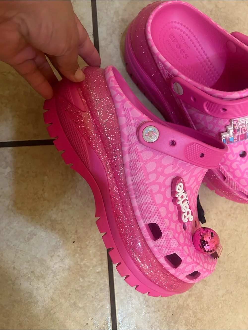 CROCS Girls' Bright Pink Barbie Charm Platform Clogs